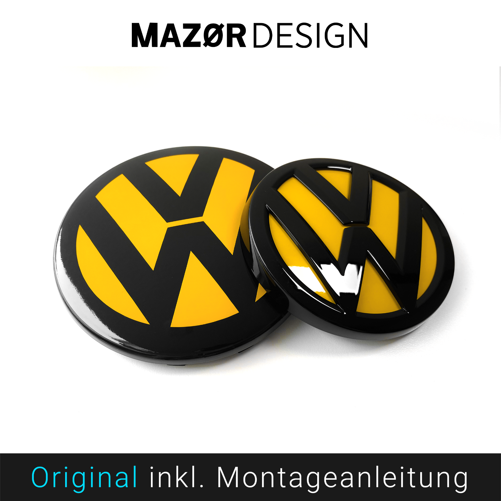 VW Golf 7 Facelift  - Front & Heck Emblem Vorne Hinten Schwarz Glänzend + Ginstergelb
