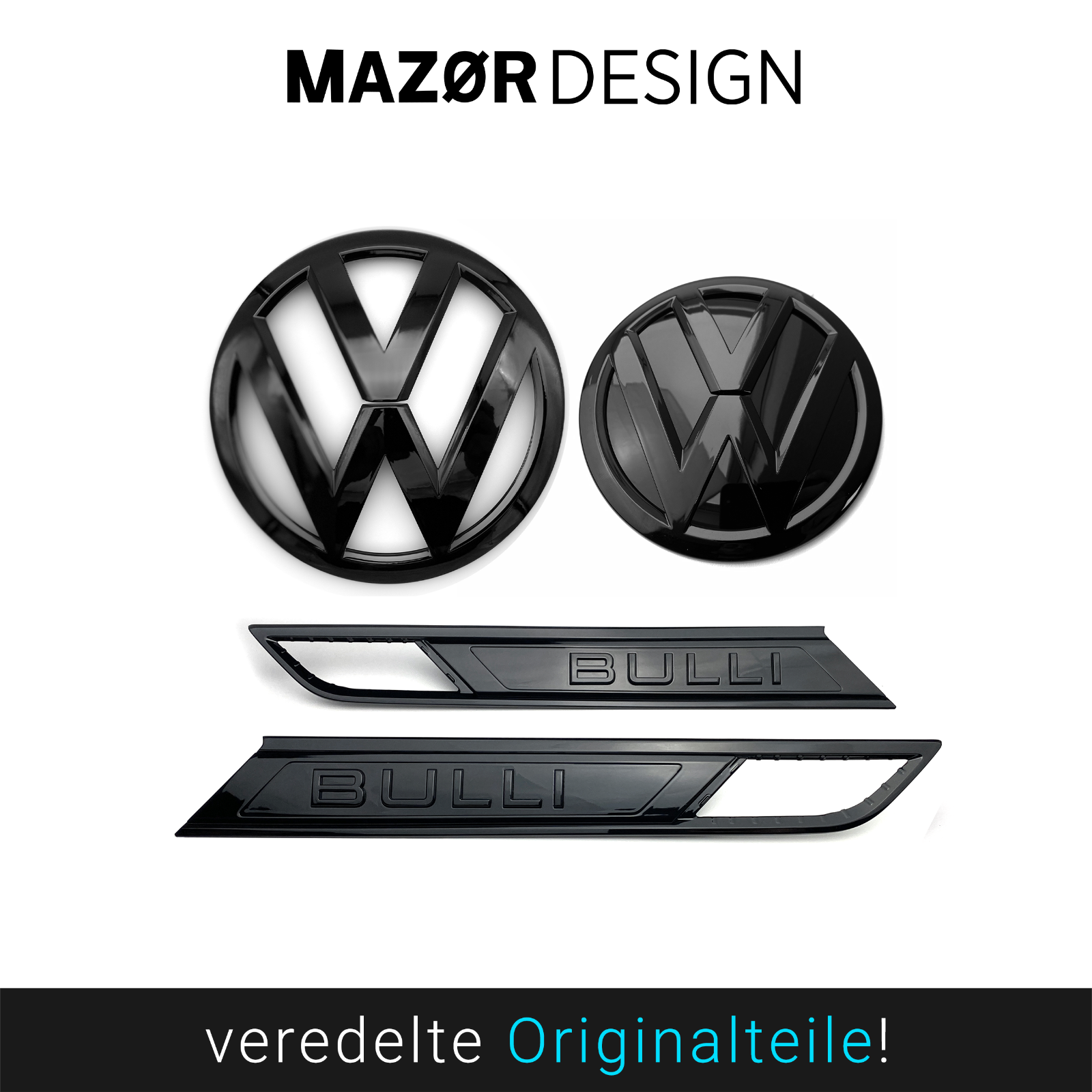 VW T6.1 Front Heck Emblem & BULLI Schriftzug Vorne Hinten Kotflügel Schwarz Glänzend